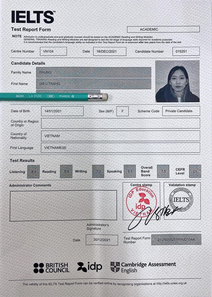 Bảng điểm 7.5 IELTS của Diệu Trang